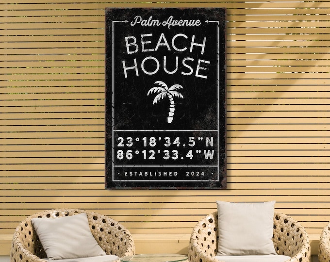 Palm Sign for Beach Houses, Custom Family Name with Coordinates and Est Year, Black and White Decor