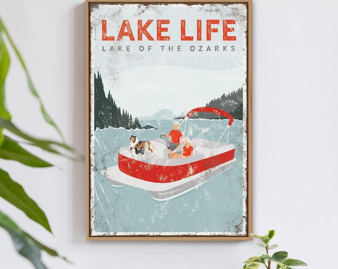 Pontoon Boat Decor, Red Family Ride with Dog, Custom Lake House Sign