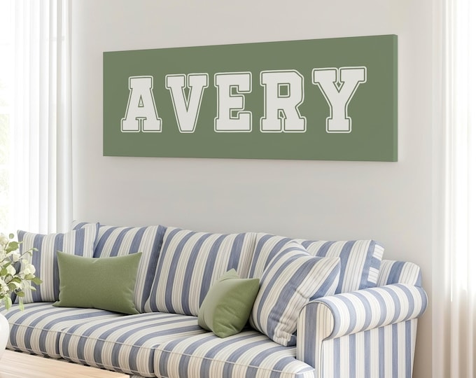 Coordinates decor and custom name sign in sage green with white lettering