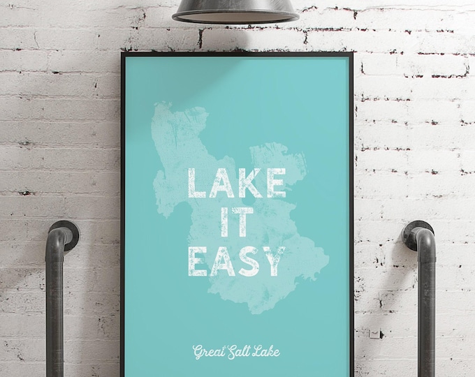 Custom Lake Map, Lake It Easy, Great Salt Lake Aqua Distressed Wall Art