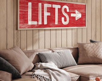 Vintage Ski Lifts Sign - Bright Red, Rustic Mountain Chalet Decor