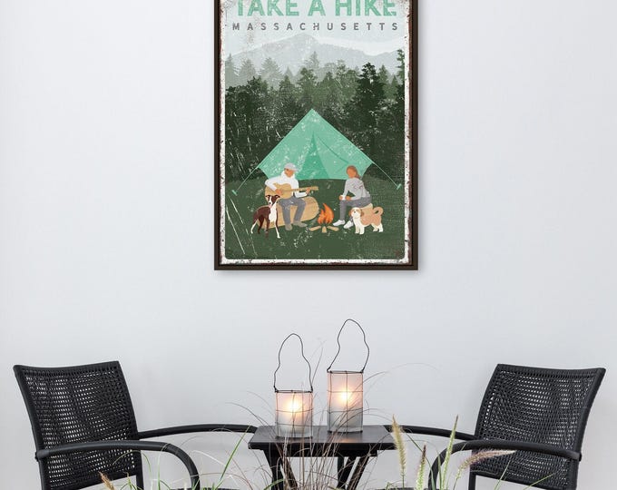 personalized vintage CAMPING POSTER with dogs, couple camping by campfire with greyhound & shih tzu, custom text Take a Hike in sample {vpt}