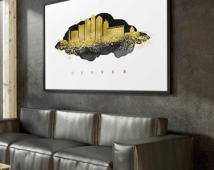 Denver Cityscape Wall Art - Black Watercolor and Gold Metallic Finish