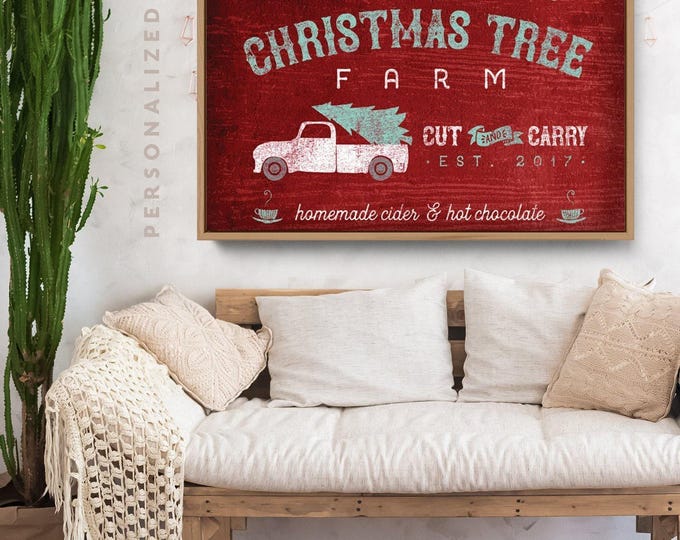 Christmas Tree Farm Sign, Personalized Family Name with White Pickup and Mint Pine on Deep Red