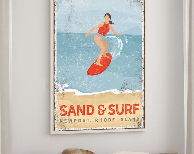 Beach House Decor, Vintage Beach Poster, Retro Surfing Sign, Personalized Canvas Art, Custom Text, Coastal Wall Decor for Home {vpb}