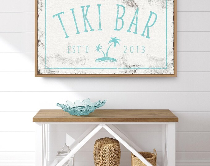 Tiki Bar Canvas, Turquoise Palm Tree Vintage Art (Personalized Beach Decor)