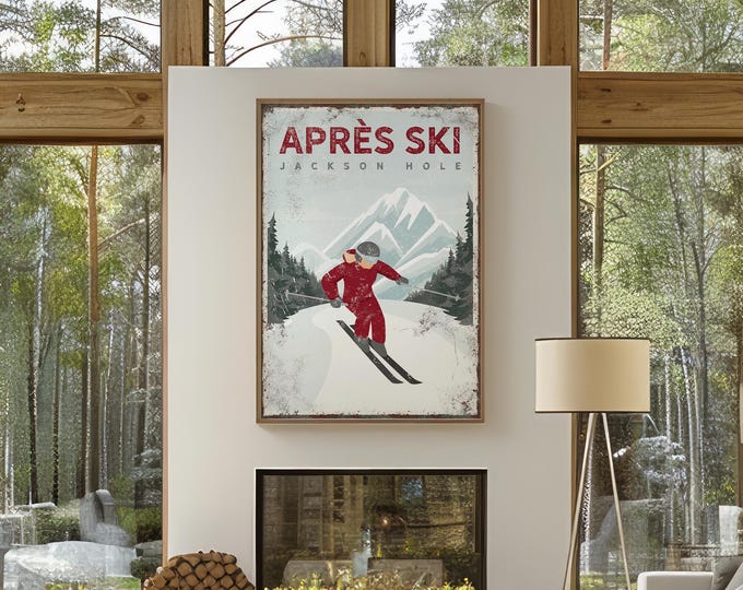 Vintage Apres Ski Sign, Maroon Jackson Hole Poster, Custom Skiing Home Decor, Gift for Her, Framed Ski Lodge Wall Art, Woman Skier, vpw