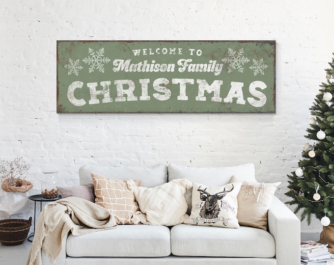 Holiday Sign, Personalized Welcome to the Family Christmas with White Snowflakes on Sage Green