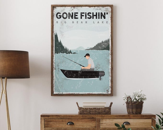 Boat Lake Sign, Man Fishing Big Bear Lake Art, Personalized Lake House Fishing Decor
