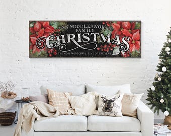 Christmas Floral Custom Family Name Black Red and Green Poinsettia Holiday Sign