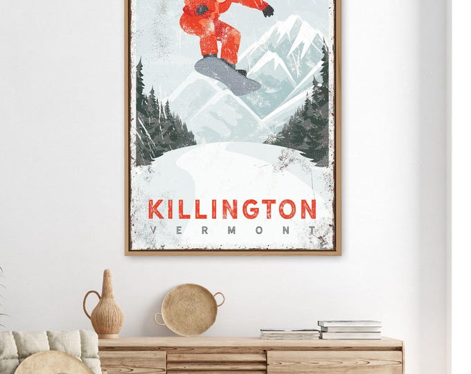 vintage snowboarding poster > distressed winter mountain wall art, custom retro ski house decor (sign KILLINGTON, Vermont) {vph}