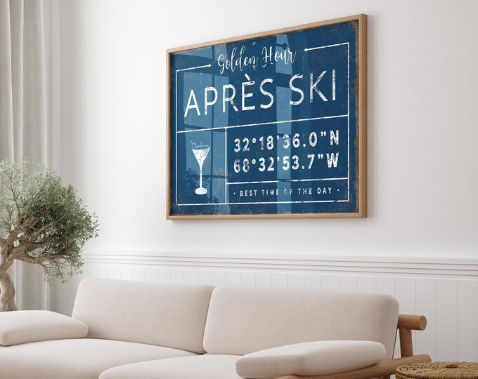 Apres Ski Coordinates Sign - Navy Blue, Custom Name, Rustic Style
