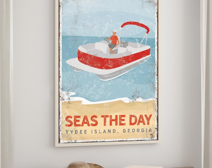Boat Sign with Red Pontoon, Personalized Beach Town Wall Art, Coastal Gift for Pontoon Owners