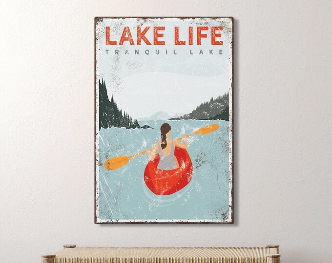 Kayak Lake Sign, Red Kayak Lake Life Wall Art, Kayak Lovers Lake House Gift