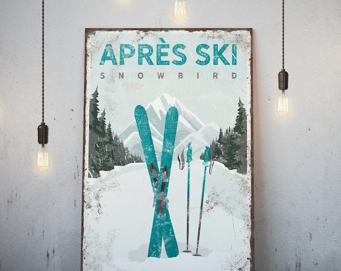 Apres Ski Snowbird, Ski Lodge Wall Art, Teal Crossed Skis Mountain Decor