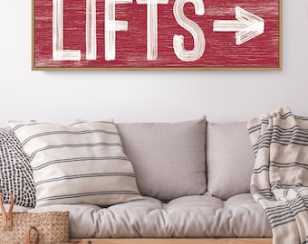 Vintage Ski Lifts Sign: Dark Red, Faux Weathered Wood