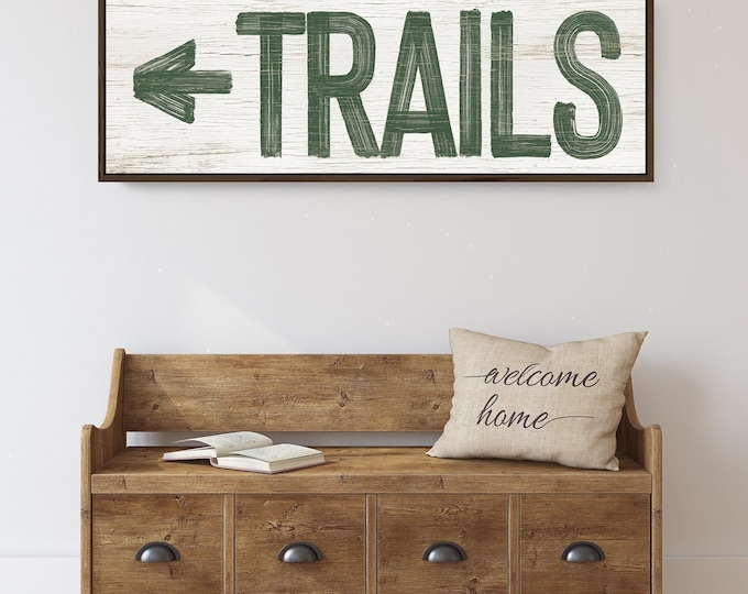 Vintage Ski Trails Sign: Green Lodge Decor with Arrow