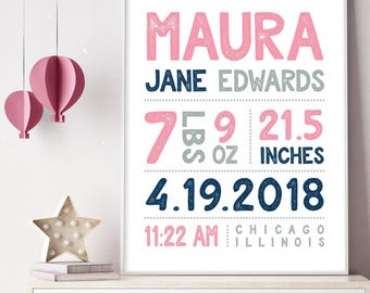 Baby Girl Birth Stats Sign, Pink Navy Gray (Printable or Canvas)
