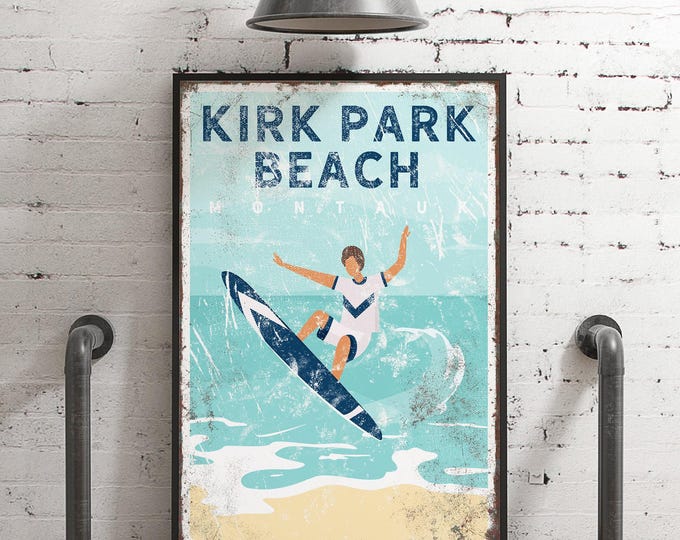 personalized ocean surfing sign > vintage beach house decor, ocean wall art for nautical beachhouse, surfboard Kirk Park Beach {vpb}