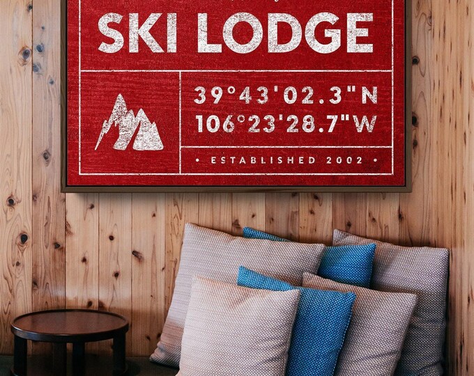 Rustic Ski Lodge Sign - Custom Family Name and Coordinates