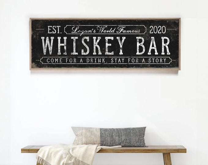 Whiskey Bar Sign, Black Vintage Farmhouse (Large Customizable)