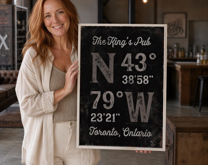 Pub Sign, Personalized Bar Coordinates Print, Custom Tavern Name GPS Wall Art