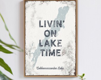 Lake Time, Custom Lake Map Sign, Light Blue Dark Gray Cream, Personalized Lake Name Art