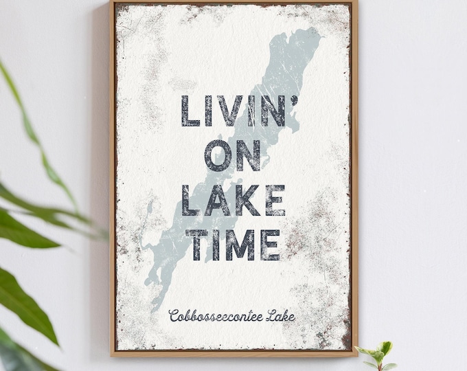 Lake Time, Custom Lake Map Sign, Light Blue Dark Gray Cream, Personalized Lake Name Art