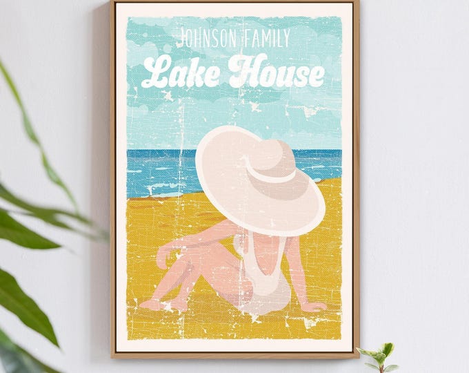 Family Lake Sign, Teal and Ochre Yellow Beach Scene, Personalized with Your Family Name