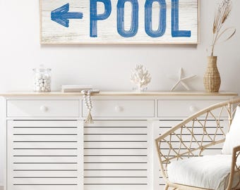Vintage Pool Sign: Ocean Blue Wall Art (Left Arrow, Rustic Style)