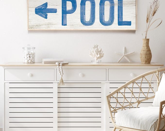 Vintage Pool Sign: Ocean Blue Wall Art (Left Arrow, Rustic Style)