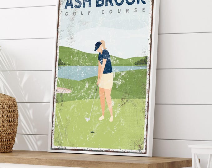 Custom GOLF gift for Mom, personalized golf wall art, navy golf canvas print, Ash Brook golf sign, golf putting green, female golfer {vpg}