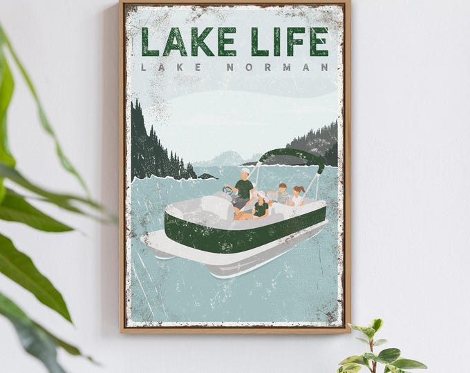 personalized FAMILY pontoon boat sign • LAKE LIFE, Lake Norman print, family of 4, family of four • forest green lake house decor gift {vpl}