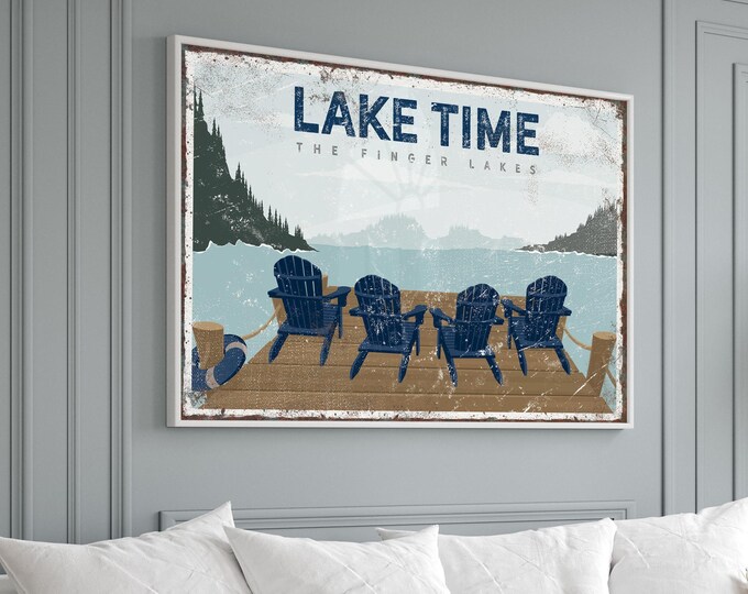 Lake Time Adirondack Chair Sign, Custom Lake Name Wall Art, Navy Vintage Lake House Decor Gift