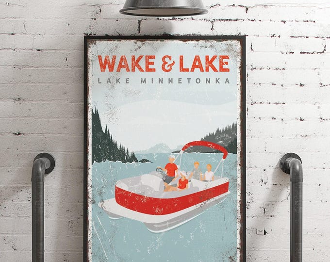 Pontoon Wall Art Vintage Lake Sign, Personalized Lake Name Print, Red Boat Decor for Lake Houses