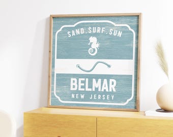 Retro Beach Badge Wall Sign, Tide Blue Decor, Belmar New Jersey, Vintage Coastal Art, Custom Gift for Beach Mom, Rustic Frame {SBW}