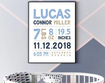 Custom Baby Birth Stats Sign - Navy Nursery Name Wall Art