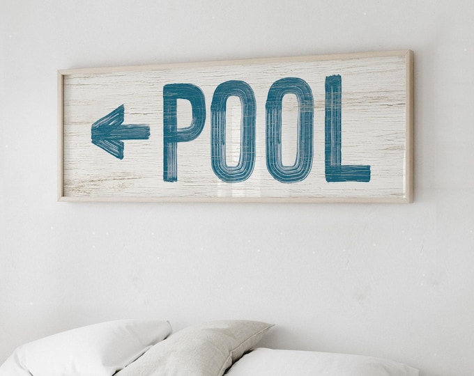 Weathered Pool Sign, London Blue And White Arrow Wall Art, Faux Rustic Wood Print