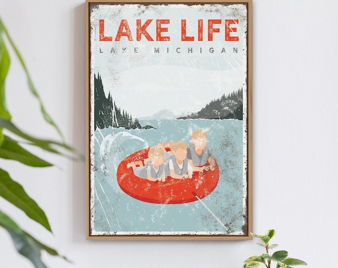 Lake Decor Accent Sign, Red Tubing Canvas Print, Personalized Lake Michigan Wall Art for Cabins