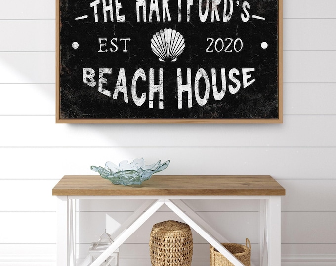 Family Beach House Sign, Vintage Seashell Design (Custom Name & Year)