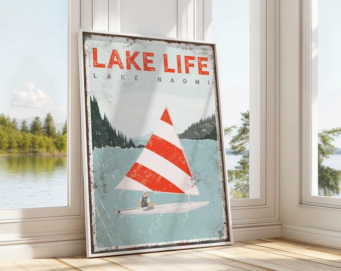 Lake Life Sign Custom, Vintage Lake Decor, Rustic Maple Frame, Boating Gift, Cabin Wall Art, Distressed Nautical Print {VPL}