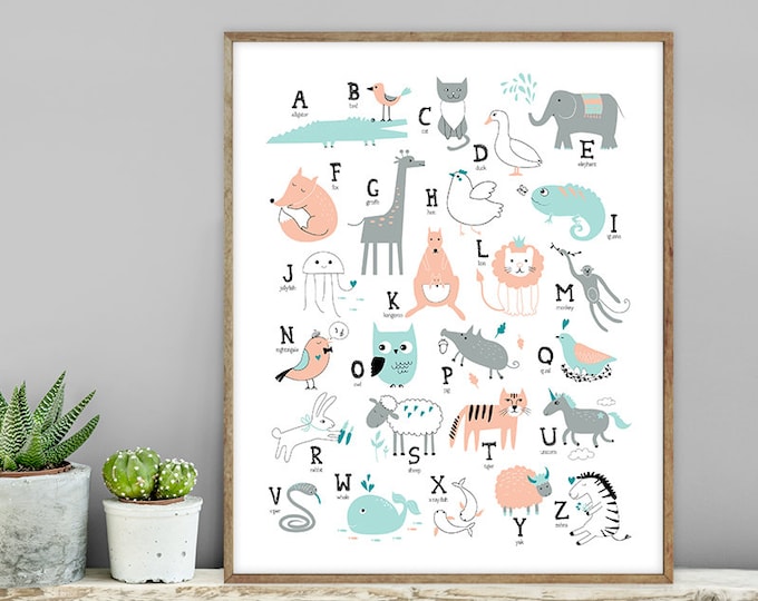 teal and peach alphabet sign / wall art print DIY / letters, animal ALPHABET poster / coral and teal nursery sign ▷ digital printable sign