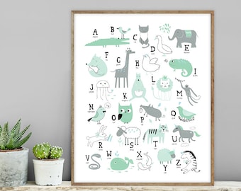 mint alphabet sign / wall art print DIY / letters, animal ALPHABET poster / modern kids' room, mint nursery sign ▷ digital printable sign