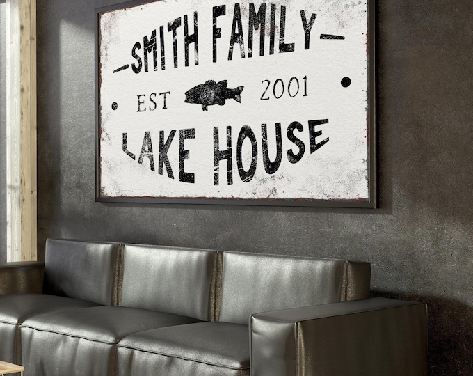large LAKE HOUSE sign > vintage fishing print with last name for lakehouse decor, black and white farmhouse wall art, large mouth bass fish
