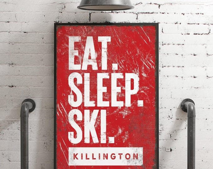 Eat Sleep Ski Sign: Custom Mountain Name, Rustic Red Decor