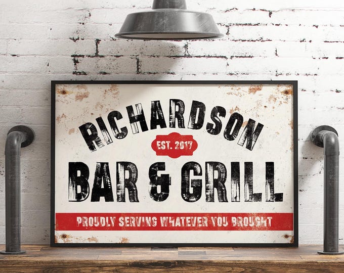 Personalized Bar & Grill Sign - Vintage Aluminum Patio Wall Decor