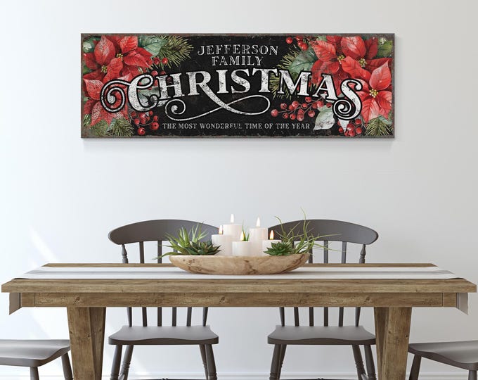 Custom Last Name Christmas Sign, Vintage Poinsettia and Holly, Red Berry Holiday Decor, Christmas Wall Art, Personalized Family Gift for Mom