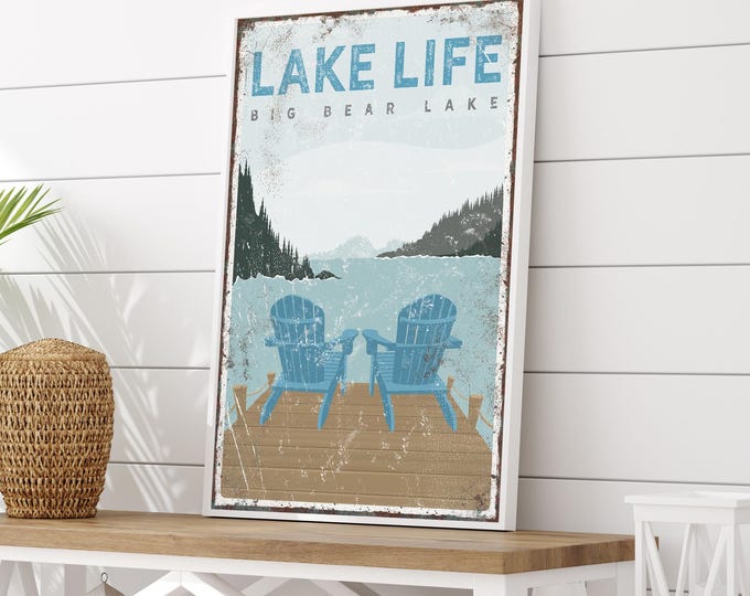 vintage ADIRONDACK CHAIRS SIGN, personalized Lake Life poster, lake dock with chairs sign, Big Bear Lake, cerulean blue lake decor vpl