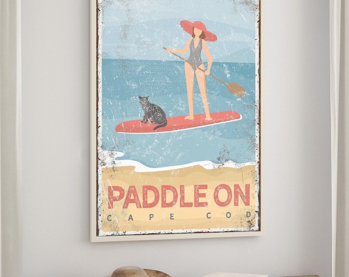Beach Paddleboard Poster with Cat, Woman Paddleboarding (Custom Text)