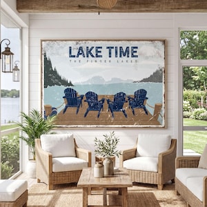 Navy Lake Time Sign - Four Blue Adirondack Chairs, Retro Style